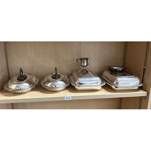 724 - SILVER 2 HANDLED TROPHY, PAIR SHEFFIELD PLATED ENTREE DISHES & 2 OTHERS ON 1 SHELF