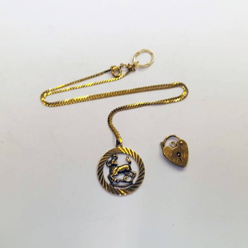 73 - 9CT GOLD PADLOCK & 9CT GOLD ARIES PENDANT ON 9K GOLD CHAIN - 6.8 G