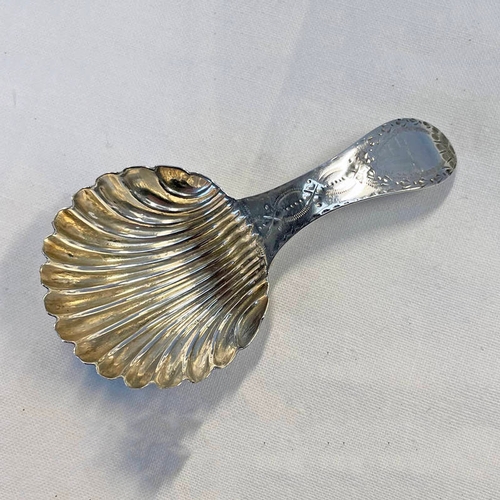 74 - GEORGE III SILVER CADDY SPOON WITH BRIGHT CUT DECORATION & FLUTED BOWL BY HESTER BATEMAN, LONDON 178... 