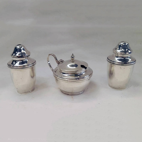 82 - MODERN SILVER 3 PIECE CRUET SET WITH BLUE GLASS LINERS - 125