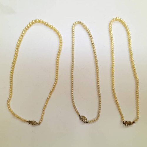 85 - 3 GRADUATED CULTURED PEARL NECKLACES, LONGEST 46 CM