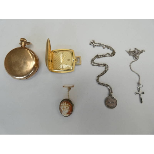 91 - GOLD PLATED HUNTER POCKETWATCH, 1 OTHER, CAMEO BROOCH, ETC