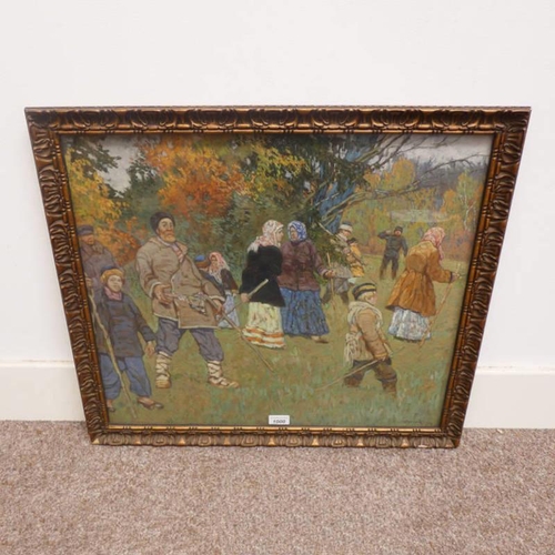 1000 - K VYSOTSKIJ,  'VILLAGERS IN FOREST SCENE' SIGNED GILT FRAMED OIL PAINTING INSCRIBED TO REVERSE 53 CM... 