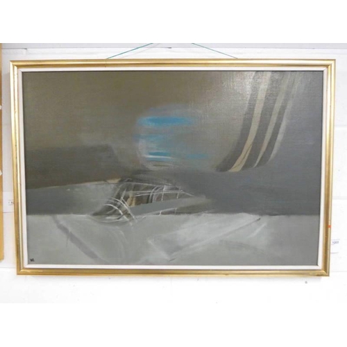 1005 - WILLIAM LITTLEJOHN - (ARR) 'BLUE MOON' SIGNED LABEL TO REVERSE GILT FRAMED OIL PAINTING 58 CM X 89 C... 