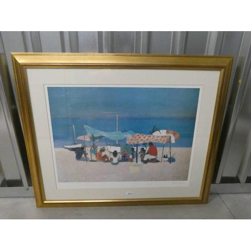 1010 - ALBERTO MORROCO 'FRIENDS AND FAMILY ON BEACH' SIGNED IN PENCIL GILT FRAMED PRINT 53 CM X 75 CM