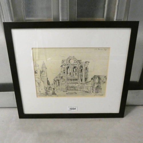 1024 - JAMES WATTERSON HERALD 'ARBROATH ABBEY 1906' FRAMED PENCIL DRAWING SIGNED 18 CM X 24.5 CM