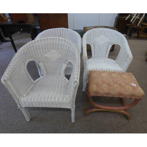 103 - 3 PAINTED WICKER ARMCHAIRS & PINK X - FRAMED STOOL