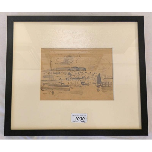 1030 - JAMES WATTERSON HERALD HARBOUR SCENE  INITIALLED J W H  FRAMED PENCIL DRAWING  13 CM X 18 CM