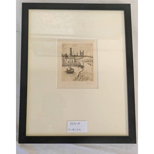 1030A - LH WILSON ST ANDREWS QUAY  SIGNED  FRAMED ETCHING 10CM X 8CM