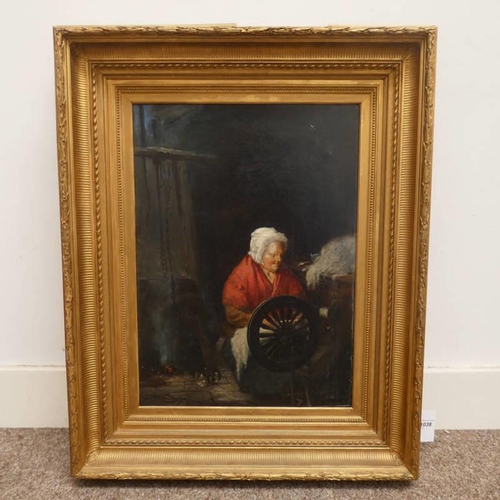 1038 - HW JENNINGS BROWN 'OLD WOMAN AT THE SPINNING WHEEL' SIGNED 19TH CENTURY GILT FRAMED OIL PAINTING 55 ... 