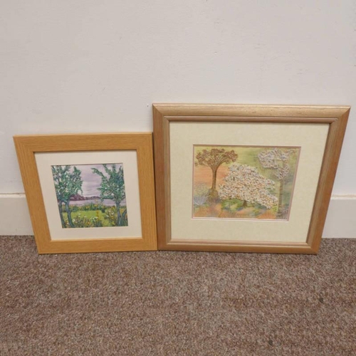 1043 - BETTY FOTHINGHAM, 2 FRAMED QUILTWORK COLLAGE PICTURES, 'BALGAR'S LOCH', 17 CM X 17 CM AND 'CHERRY TR... 