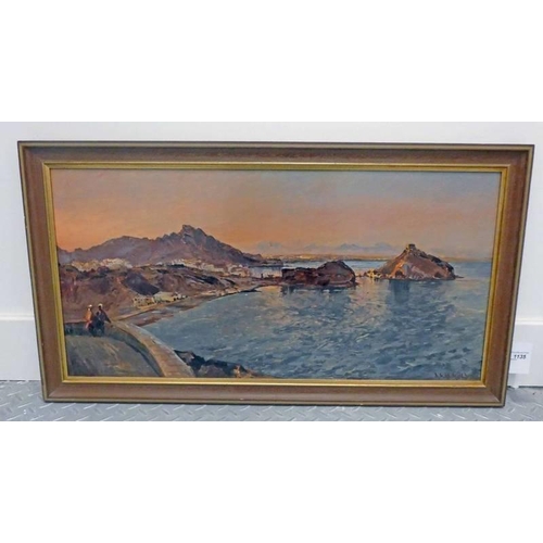 1055 - AS ALKILLY 'NORTH AFRICAN COASTAL SCENE' SIGNED FRAMED OIL ON BOARD 40CM X 80 CM