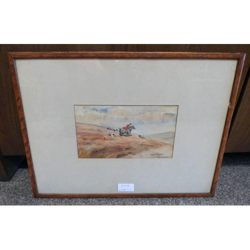 1100E - FRAMED WATERCOLOUR OF A HUNTING SCENE, INDISTINCTLY SIGNED, 12 CM X 21 CM