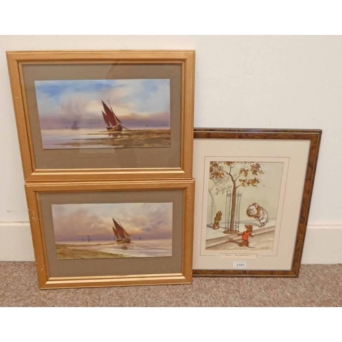 1101 - 2 FRAMED WATER COLOURS OF BOATS OFF THE SHORE LINE, INDISTINCTLY SIGNED, J. SUTTON, TOGETHER WITH BO... 