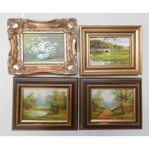 1103 - 4 FRAMED OIL PAINTINGS TO INCLUDE ; NANCY LEE, 'DAISY IN VASE', SIGNED, GILT FRAMED, JORDAN MCLEAN, ... 