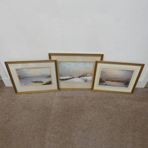 1111 - BILL MCANALLY, 3 FRAMED WATERCOLOURS, WINTER SCENE, HIGHLAND SCENE & ONE OTHER, ALL SIGNED, LARGEST ... 