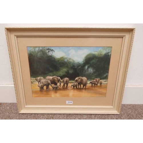 1114 - ELEPHANTS GATHERED AT WATER SINGED MINOT '75 FRAMED WATERCOLOUR 28 X 43 CM