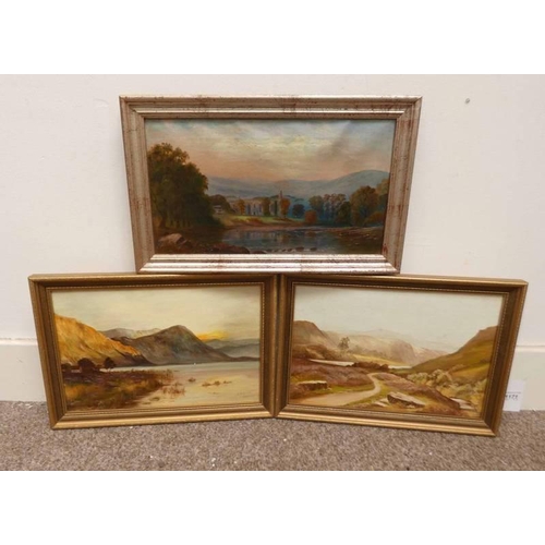 1171 - 3 FRAMED OIL PAINTINGS, E.M. KIDDLE, 'LOCH LANG' AND 'SCOTTISH HIGHLAND SCENE';, BOTH SIGNED, DESCRI... 