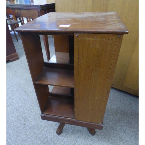 12 - EARLY 20TH CENTURY INLAID MAHOGANY REVOLVING BOOKCASE. 76 CM TALL