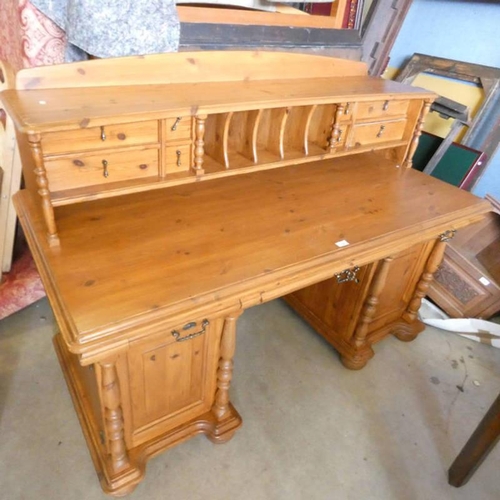 14 - PINE KNEE-HOLE DESK WITH GALLERY TOP WITH 8 FRIEZE DRAWERS OVER CENTRAL SLIDE FLANKED BY 2 DRAWERS O... 