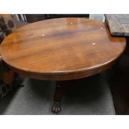 15 - 19TH CENTURY MAHOGANY CIRCULAR BREAKFAST TABLE ON CENTRE PEDESTAL WITH 3 PAW FEET. DIAMETER  120 CM ... 