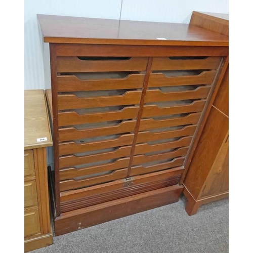 157 - MAHOGANY FILING CHEST WITH MULTI-DRAWER INTERIOR BEHIND TAMBOUR DOOR ON PLINTH BASE LABELLED MAN EGE... 