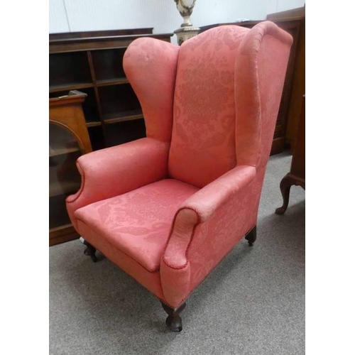 161 - OVERSTUFFED WINGBACK ARMCHAIR ON SHORT MAHOGANY QUEEN ANNE SUPPORTS