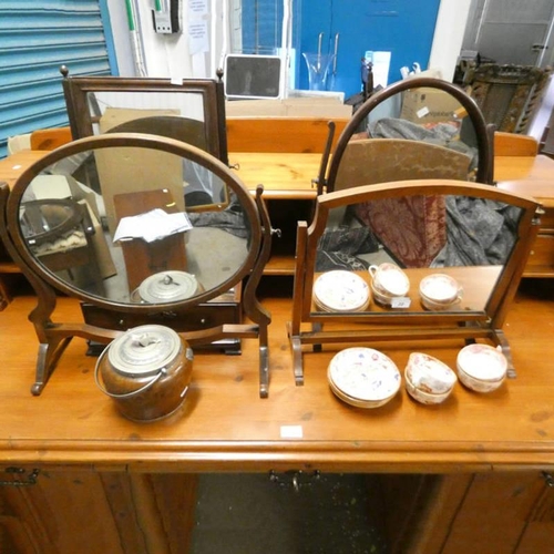 22 - 4 MAHOGANY DRESSING TABLE MIRRORS, OAK & SILVER PLATE BISCUIT BARREL, ETC