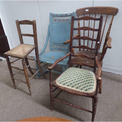 25 - EARLY 20TH CENTURY SPAR BACK KITCHEN CHAIR, PAINTED ROCKING CHAIR, LADDER BACK OPEN ARMCHAIR & CLERK... 