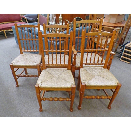 26 - SET OF 5 OAK KITCHEN CHAIRS WITH TURNED DECORATION & RUSH SEATS ON TURNED SUPPORTS INCLUDING 1 ARMCH... 