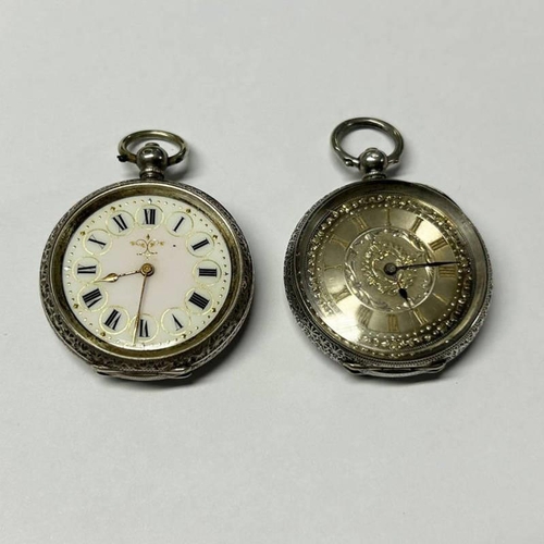 3063 - 2 FOB WATCHES 1 WITH SILVER & GOLD DECORATED DIAL & 1 OTHER, THE CASE MARKED 935