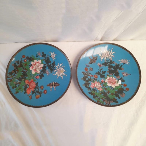 3066 - PAIR OF LATE 19TH/EARLY 20TH CENTURY CLOISONNE PLATES WITH FLORAL PATTERN, 30CM DIAMETER