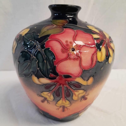 3074 - MOORCROFT VASE WITH FLORAL DECORATION, MONOGRAMMED, 18CM TALL