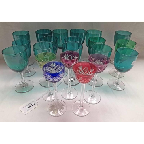 3412 - 16 LATE 19TH OR EARLY 20TH CENTURY GREEN  GLASSES & 5 CUT GLASS GLASSES