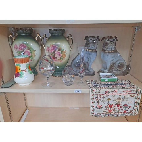 3417 - 3 PIECES ART GLASS, PAIR OF 19TH CENTURY DOGS, CROWN DUCAL VALENCIA VASE, PLACE MATS & SAMPLER ON ON... 