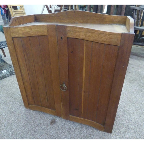 37 - EARLY 20TH CENTURY OAK 2 DOOR CABINET WITH GALLERIED TOP  66 CM TALL X 63 CM WIDE