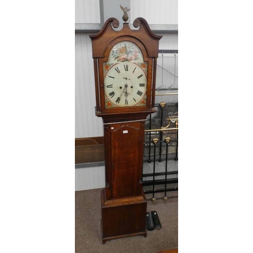 47 - 19TH CENTURY OAK LONG CASE CLOCK WITH PAINTED DIAL WITH FLORAL DECORATION.  111 CM TALL