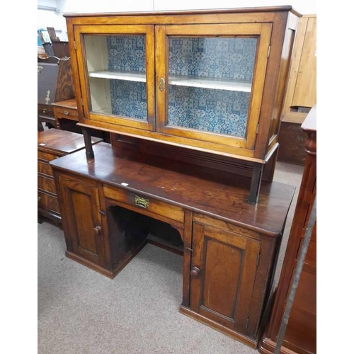 49 - 19TH CENTURY MAHOGANY DRESSER WITH SHELVED INTERIOR BEHIND 2 GLAZED PANEL DOORS OVER BASE OF 1 DRAWE... 