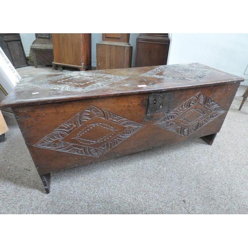 5 - 18TH/19TH CENTURY CARVED OAK COFFER  48 CM TALL X 109 CM LONG