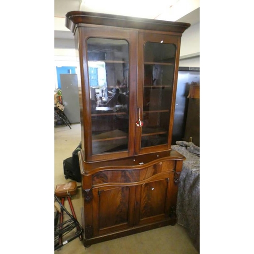 502 - 19TH CENTURY MAHOGANY BOOKCASE WITH SHELVES INTERIOR BEHIND 2 GLAZED PANEL DOORS OVER BASE WITH DRAW... 