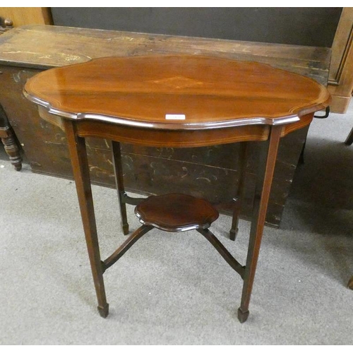 513 - LATE 19TH CENTURY INLAID MAHOGANY TABLE WITH SHAPED TOP ON SQUARE TAPERED SUPPORTS.  77 CM WIDE