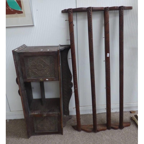 53 - 19TH CENTURY CARVED OAK WALL CABINET WITH 2 PANEL DOORS & WALL MOUNTED PLATE RACK