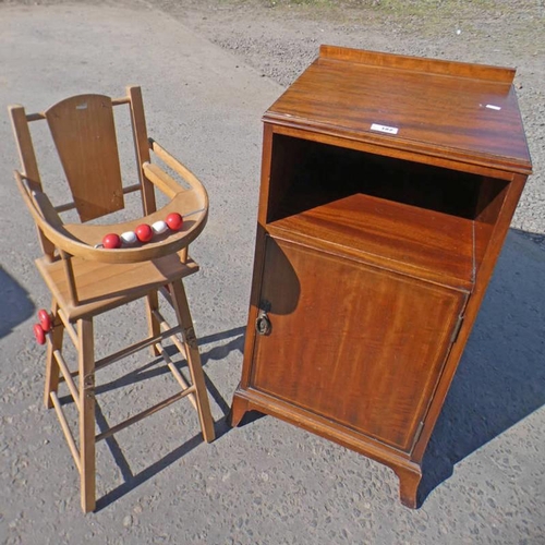 58 - INLAID MAHOGANY BEDSIDE CABINET WITH SINGLE PANEL DOOR & CHILDS METAMORPHIC HIGH CHAIR