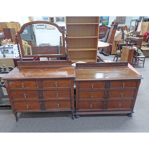 6 - 20TH CENTURY OAK CHEST OF 2 SHORT OVER 3 LONG DRAWERS ON BUN FEET & MATCHING DRESSING CHEST