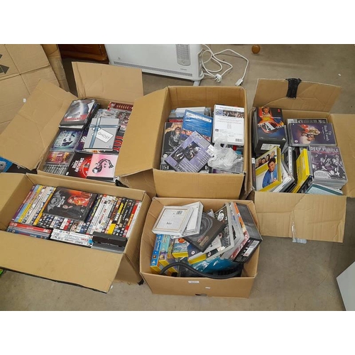 6057 - GOOD SELECTION OF DVD'S VIDEOS & CD'S ETC IN 5 BOXES.