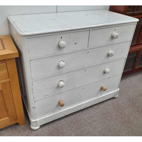 61 - 19TH CENTURY PAINTED PINE CHEST OF 2 SHORT OVER 3 LONG DRAWERS ON BUN FEET, 102CM TALL X 117CM WIDE