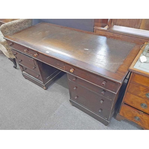 65 - 19TH CENTURY LEATHER INSET MAHOGANY TWIN PEDESTAL DESK WITH 9 DRAWERS ON BUN FEET . 80 CM TALL X 168... 