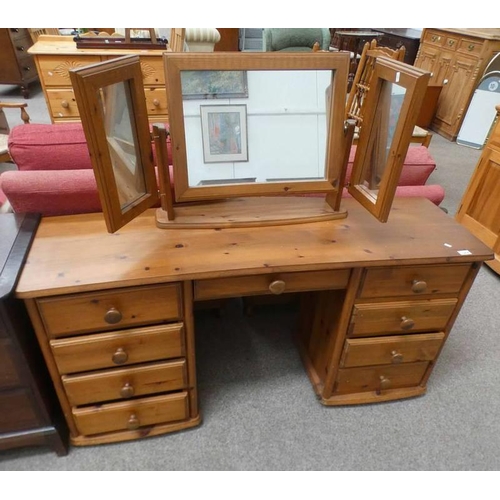 67 - PINE DRESSING TABLE WITH 3 PART MIRROR & 9 DRAWERS 141CM LONG