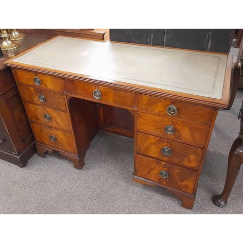 7 - 19TH CENTURY MAHOGANY KNEEHOLE DESK WITH 9 DRAWERS & PANEL DOOR ON BRACKET SUPPORTS.  81 CM TALL X 1... 