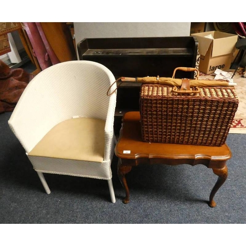 82 - WICKER PICNIC BASKET, MAHOGANY TABLE ON QUEEN ANNE SUPPORTS, ETC